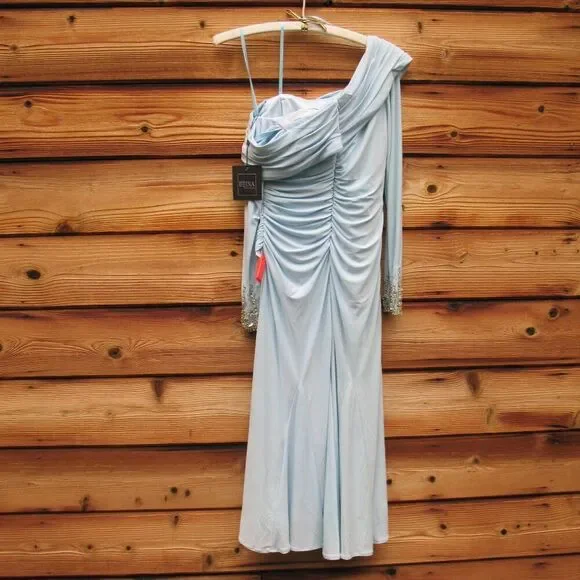 Mac Duggal 26485 Blue Foldover Long Sleeve Jeweled Midi Dress - Picture 10 of 14